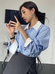 DAZY 女士条纹印花落肩衬衫长袖上衣 - 藍色 - 查看 7