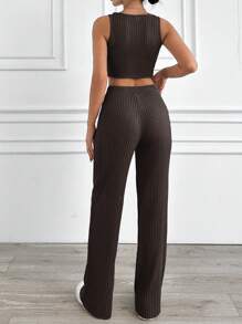 EURMUSE Casual Solid Color Tank Top And Pants 2Pcs Set - Brown - View 2
