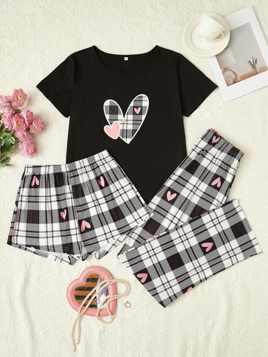 Bộ Pyjama in hình trái tim & kẻ sọc cho nữ - màu đen - Xem 1