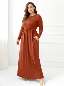 DEARCASE 大码纯色隐形口袋连衣裙，优雅春季款 - 亮橙色 - 查看 4