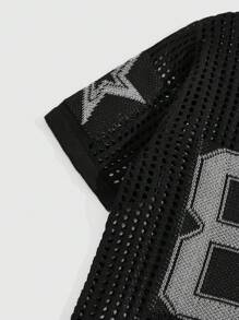 ROMWE MEN Street Life Men's Number Pattern Short Sleeve Knit Top With Hollow-Out Design, School, Football Style - Black - View 4