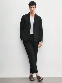 AKNOTIC Business Casual 2pcs Men's Woven Blend Suit, Without Padded Shoulders, Waist Drawstring Jacket & Straight-Leg Trousers, Suitable For Spring And Autumn Business Attire - Black - View 10