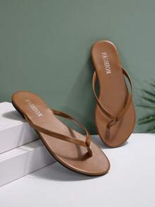 New Summer Style Women's Brown Flat Sandals, Fashionable Thong Slippers For Beach, Matches Dresses, Elegant Women's Shoes