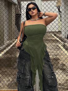 SHEIN ICON Áo yếm hàng ngày đơn giản màu trơn dành cho nữ Plus Size - xanh quân đội - Xem 6