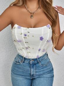 Zolique Women Floral Embroidery White Tube Strapless Bodysuit, Summer Fashion - Multicolor - View 5
