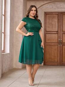 Plus Sequin Insert Ruffle Trim Dress - Green - View 5