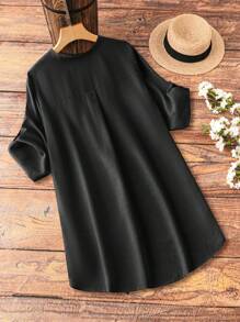 SHEIN Unity Plus Notch Neck Roll Tab Sleeve High Low Hem Blouse - Black - View 2