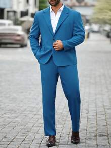 Manfinity Mode 男裝加大尺碼單色西裝套裝，長外套和長褲 - 藍色 - 查看 1