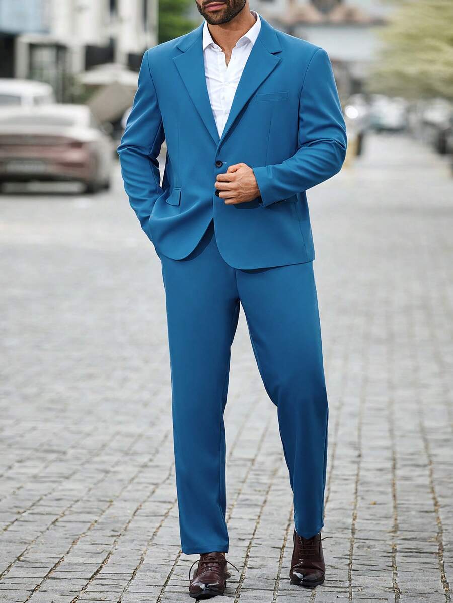 Manfinity Mode 男裝加大尺碼單色西裝套裝，長外套和長褲 - 藍色 - 查看 1