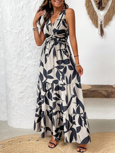 Breezaya Women's V-Neck Allover Print Ruffled Hem Sleeveless Summer Dress Maxi Vacation Beach Outfit