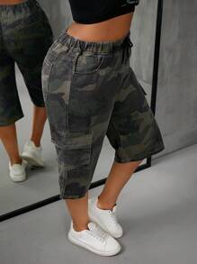 SHEIN SXY Plus Size Camouflage Printed Denim Capri Pants Without Elasticity - Multicolor - View 7