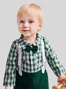 SHEIN Conjunto de camisa de bebé a cuadros con lazo delantero y pantalones de tirantes y sombrero para niño - Multicolor - Ver 3