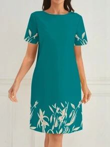 EMERY ROSE Plants Print Short Sleeve Dress For Summer - Teal Blue - View 4