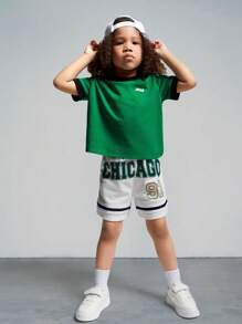 SHEIN Young Girl Knitted Patchwork T-Shirt With Color Contrast Letter Print And Woven Belt Shorts Casual Two-Piece - Multicolor - View 4