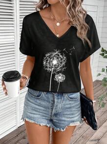 EMERY ROSE 輕鬆植物和蒲公英印花大尺碼修身V領T恤，夏季 - 黑色 - 查看 1