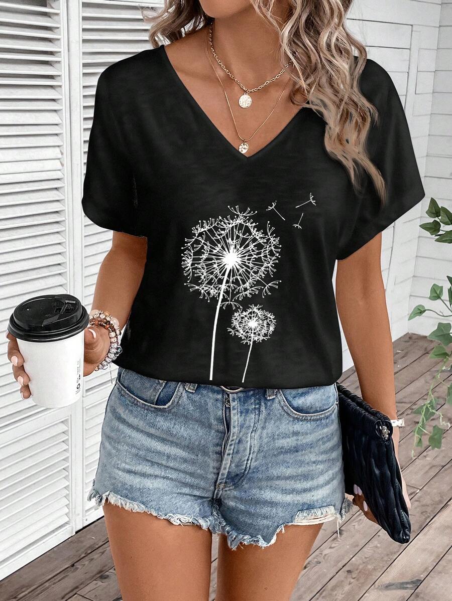 EMERY ROSE 輕鬆植物和蒲公英印花大尺碼修身V領T恤，夏季 - 黑色 - 查看 1