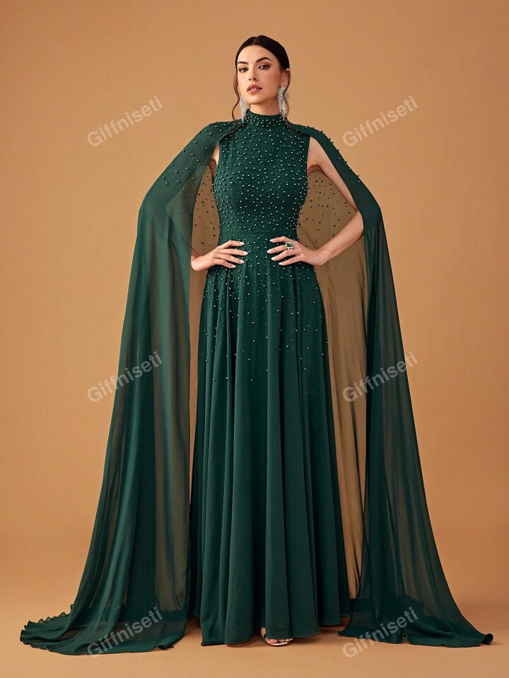 Giffniseti Women s Formal Ball Gown Elegant Chiffon Dress With Studded Rhinestone High Neck Design Flared Sleeves And Train