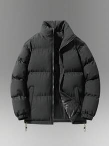 Men Black Zipper Pockets Casual Long Sleeve Winter Coat, Warming - Black - View 1