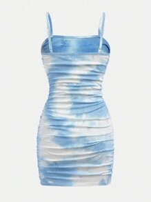 SHEIN Girlism 女孩連帽鉤織縮褶Tie-Dye背心長裙，附髮帶1pc - 藍白色 - 查看 2