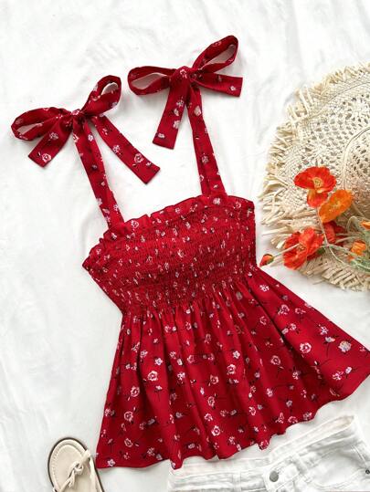 Soleia Blusa informal de verano para mujeres con estampado floral rojo, volantes en el bajo y hombros con lazos, ideal para la vuelta al cole