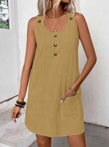 SHEIN LUNE Vestido de tanque sólido con botones en la parte frontal y bolsillos dobles