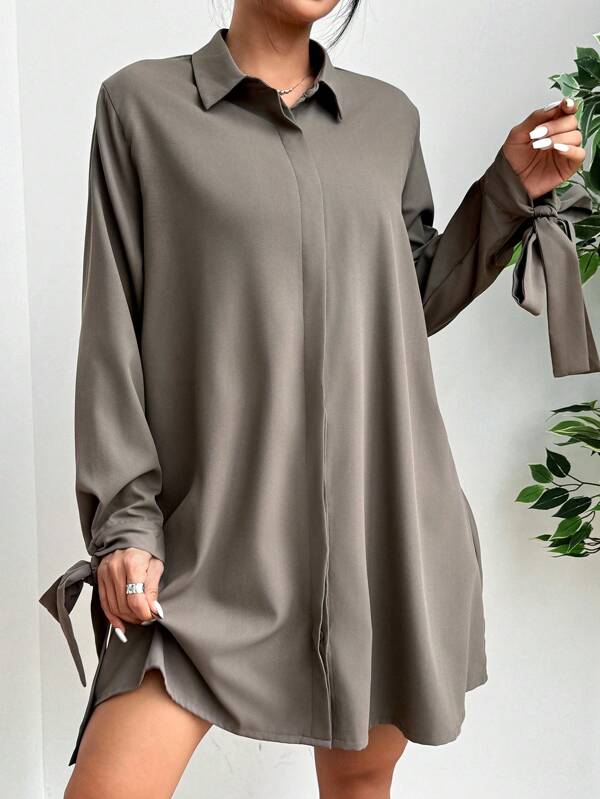 SHEIN EZwear Rochie cămașă cu manșetă cu cravată albă la modă de primăvară
