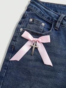 ROMWE Kawaii 日本 Himekaji 甜美可爱的蝴蝶结与吊坠，星空印花系带喇叭牛仔裤，学校