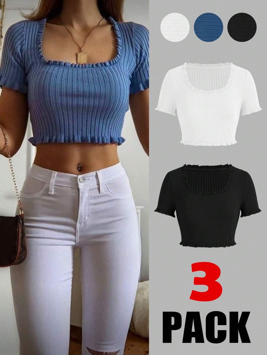SHEIN Essnce Women Summer 3pcs/Set Cropped T-Shirt With Ruffled Square Neckline - Multicolor - View 1