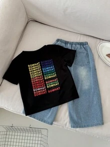 SHEIN 2入組嬰兒男童休閒Sowhat標語T卹和寬鬆牛仔褲套裝，春夏款 - 黑色 - 查看 1