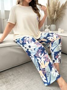 Flower Printed Short Sleeve Top And Long Pants Plus Size Pajama Set, Outfits - Multicolor - View 5