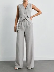 SHEIN Tall 高挑女性實色鈕扣衣襟背心上衣和寬腳長褲組合 - 灰色 - 查看 6