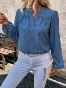 SHEIN LUNE V-Neck Bamboo Fabric Woven Vintage Style Long Sleeve Women Blouse - Blue - View 3