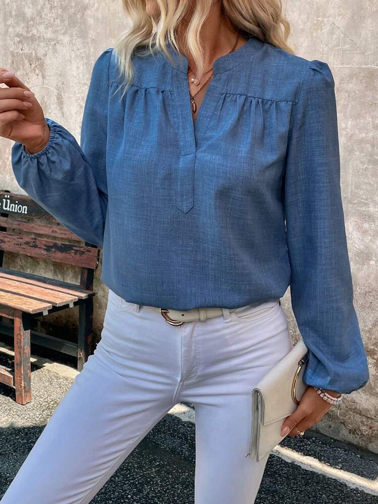 SHEIN LUNE V-Neck Bamboo Fabric Woven Vintage Style Long Sleeve Women Blouse - Blue - View 3