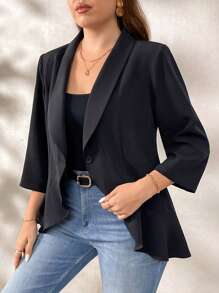SHEIN Clasi Plus Size Elegant Black Suit Jacket With Ruffle Hemline For Women - Black - View 3