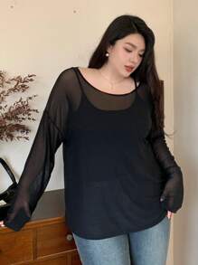 Dazy Plus 加大码宽松纯色长袖上衣，大圆领，透视细节，外出上衣，返校服装，秋季女装 - 黑色 - 查看 3