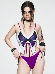 ROMWE Goth Women's Butterfly Print Front Tie Punk Sexy Bikini Set, Halloween - Multicolor - View 5