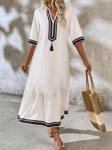 SHEIN LUNE Mùa hè dành cho nữ sọc tua rua cổ chữ V Raglan tay áo dài tay xù xù viền dài - trắng - Xem 5