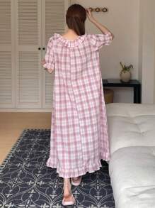 DAZY Plaid Print Ruffle Trim Puff Sleeve Nightdress, Pajama, Moo Moo - Pink - View 2
