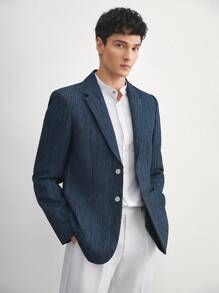 AKNOTIC Business Casual 易护理亚麻男士梭织牛仔效果修身缺口翻领长袖西装外套，适合春秋季节、办公室穿着和秋冬穿着 - 藏蓝色 - 查看 8