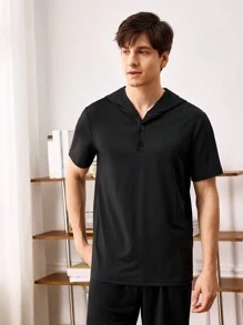 Men's Summer Solid Color Short Sleeve Hooded Homewear Top - Black - View 5