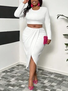 Slaydiva Conjunto de dos piezas largas para mujer, con blusa de manga larga ajustada y elegante, en blanco, y falda asimétrica larga plisada con cinta, adecuado para fiestas y uso diario, otoño, talla grande - Blanco - Ver 7