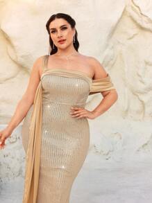 SHEIN Belle 加大尺寸杏色單肩落肩高開叉人魚儀式晚禮服 - 杏色 - 查看 7