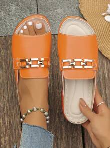 Plus Size 36-43 Summer Fashion Casual Orange Wedge Sandals, Daily & Outdoor Metal Chain Decor Comfortable Thick Bottom Sandals For Women - Orange - View 5