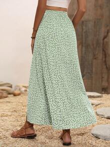 Breezaya Falda midi de flores diminutas con abertura lateral para mujeres en vacaciones - Verde Lima - Ver 2
