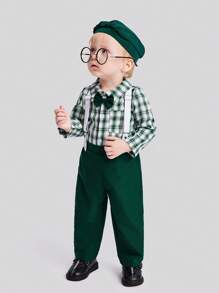 SHEIN Conjunto de camisa de bebé a cuadros con lazo delantero y pantalones de tirantes y sombrero para niño - Multicolor - Ver 1