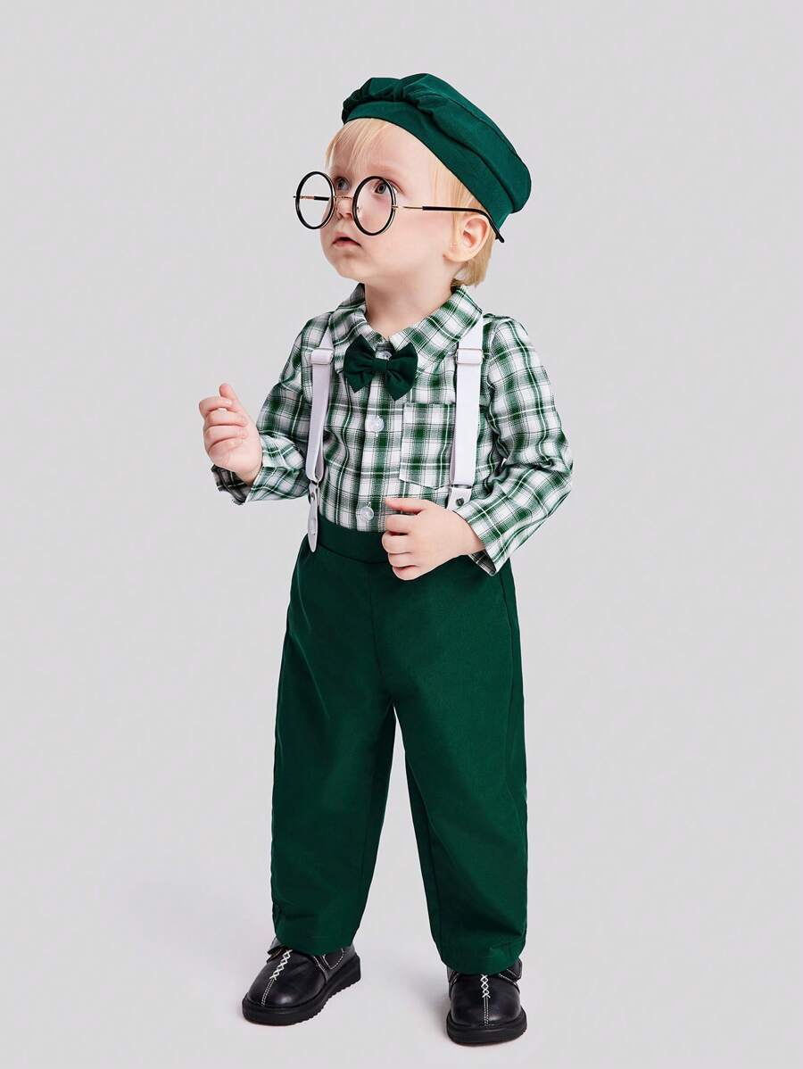 SHEIN Conjunto de camisa de bebé a cuadros con lazo delantero y pantalones de tirantes y sombrero para niño - Multicolor - Ver 1