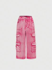Young Girl Pink Washed Denim Cargo Pants With Multiple Pockets - Hot Pink - View 1