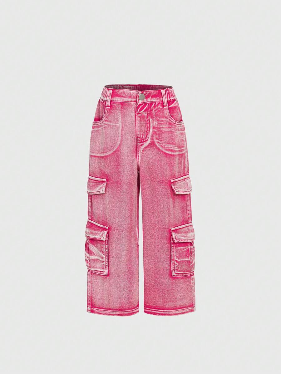 Young Girl Pink Washed Denim Cargo Pants With Multiple Pockets - Hot Pink - View 1