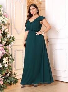 SHEIN Belle Vestido assimétrico verde escuro com babados e decote em V com sutiã embutido, vestido formal simples para dama de honra - Verde Escuro - Visão 7