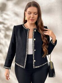 SHEIN Clasi Plus Contrast Trim Button Front Jacket Winter Fall Autumn - Black - View 6